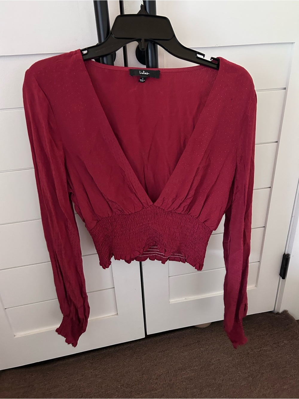 Lulus Women’s Red Deep V Long Sleeve Crop Waist Ruffle Blouse Women’s Size Large